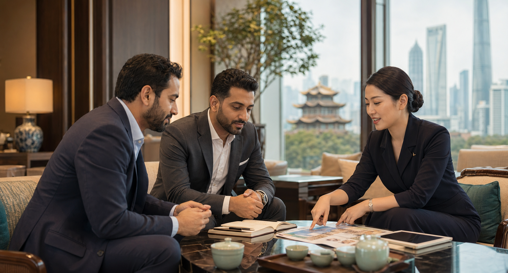 Business travelers in a premium hotel lounge planning a sourcing trip