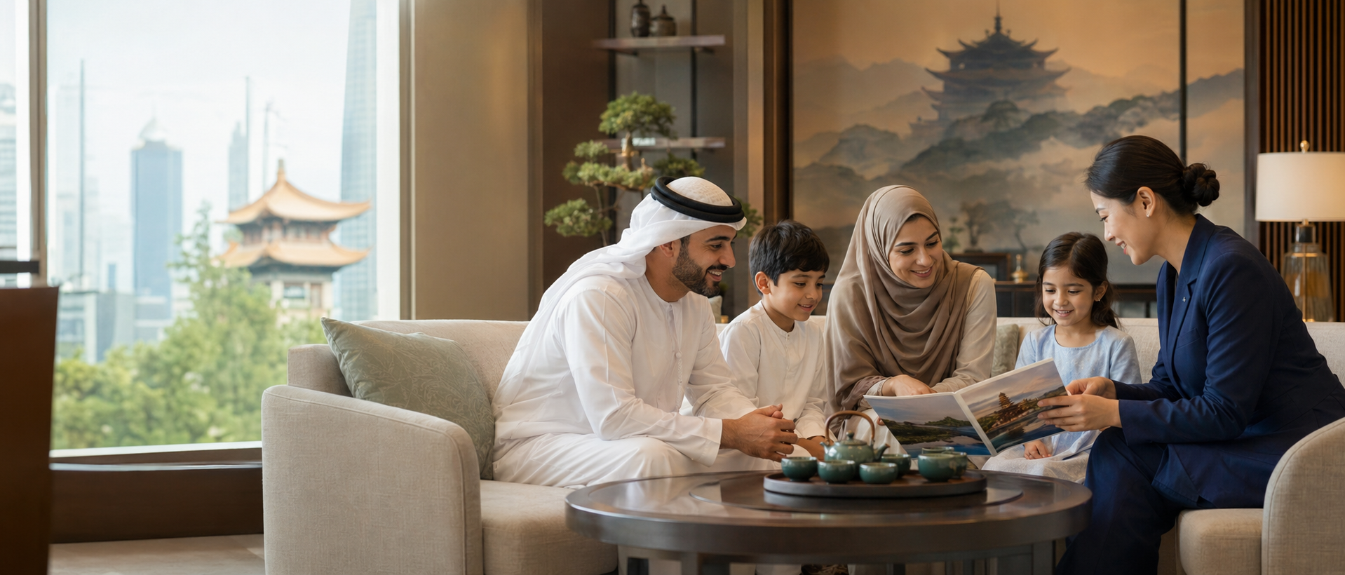 Gulf family arriving in China with a bilingual guide