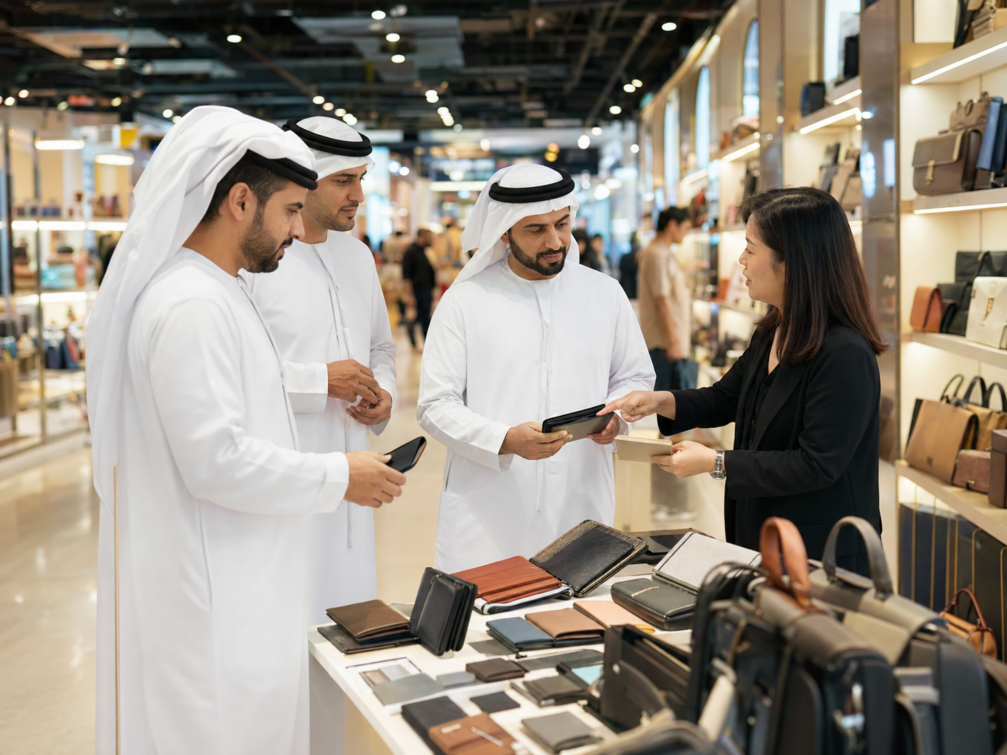 Gulf travelers shopping near a modern Shanghai skyline